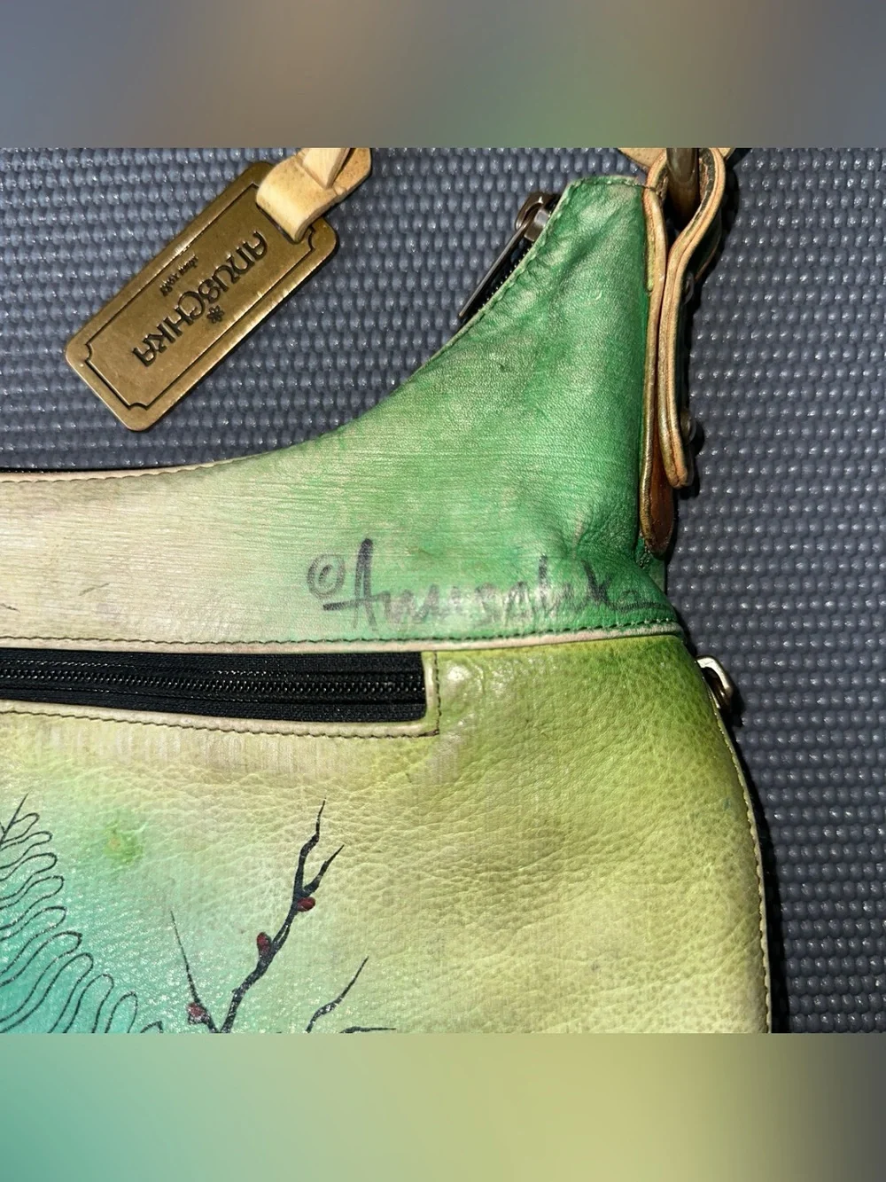 Anuschka Hand Painted Genuine Leather Hobo Shoulder Bag Peacock Floral